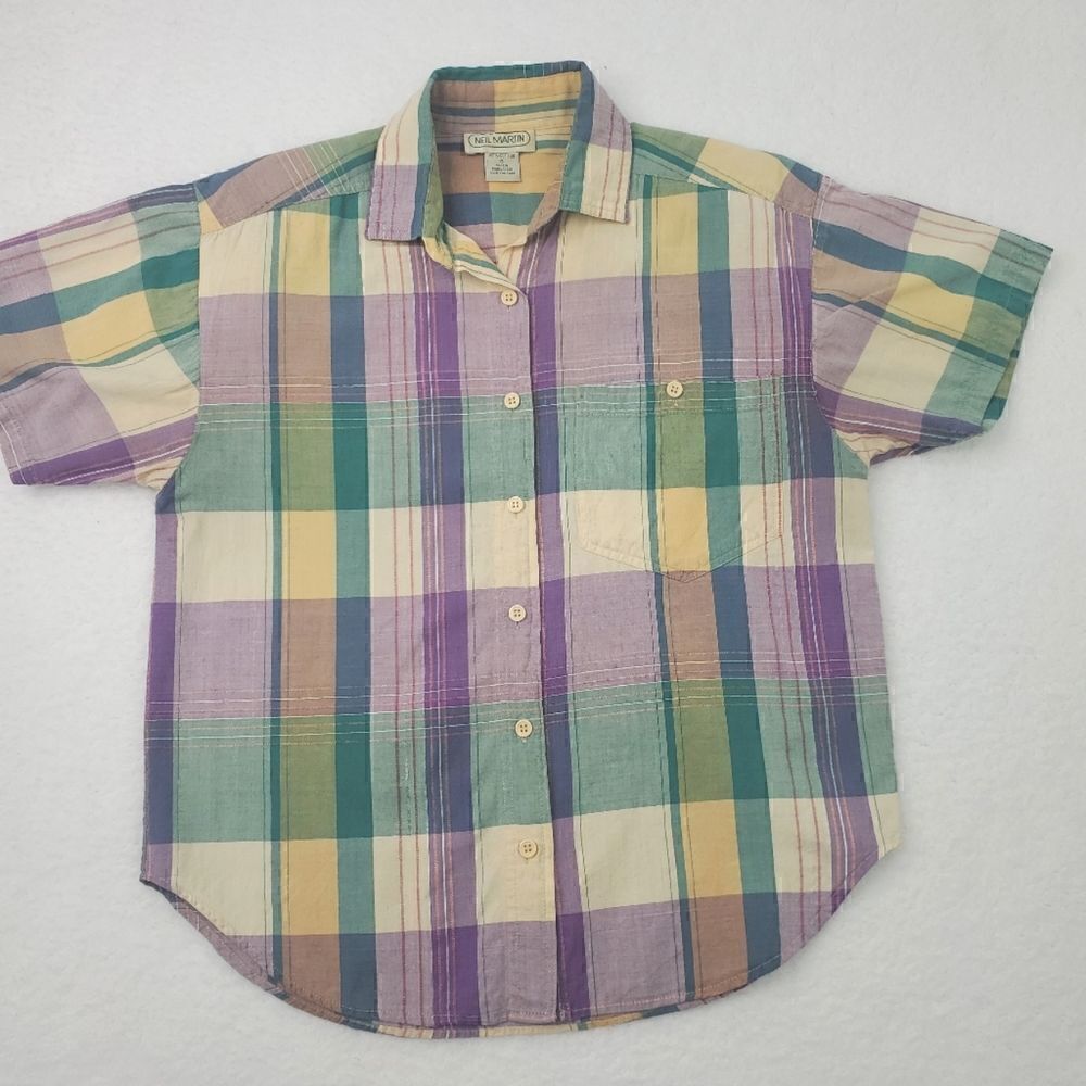 Neil Martin Pastel  Checkard Pattern Vintage Button Up Blouse Women Size 8